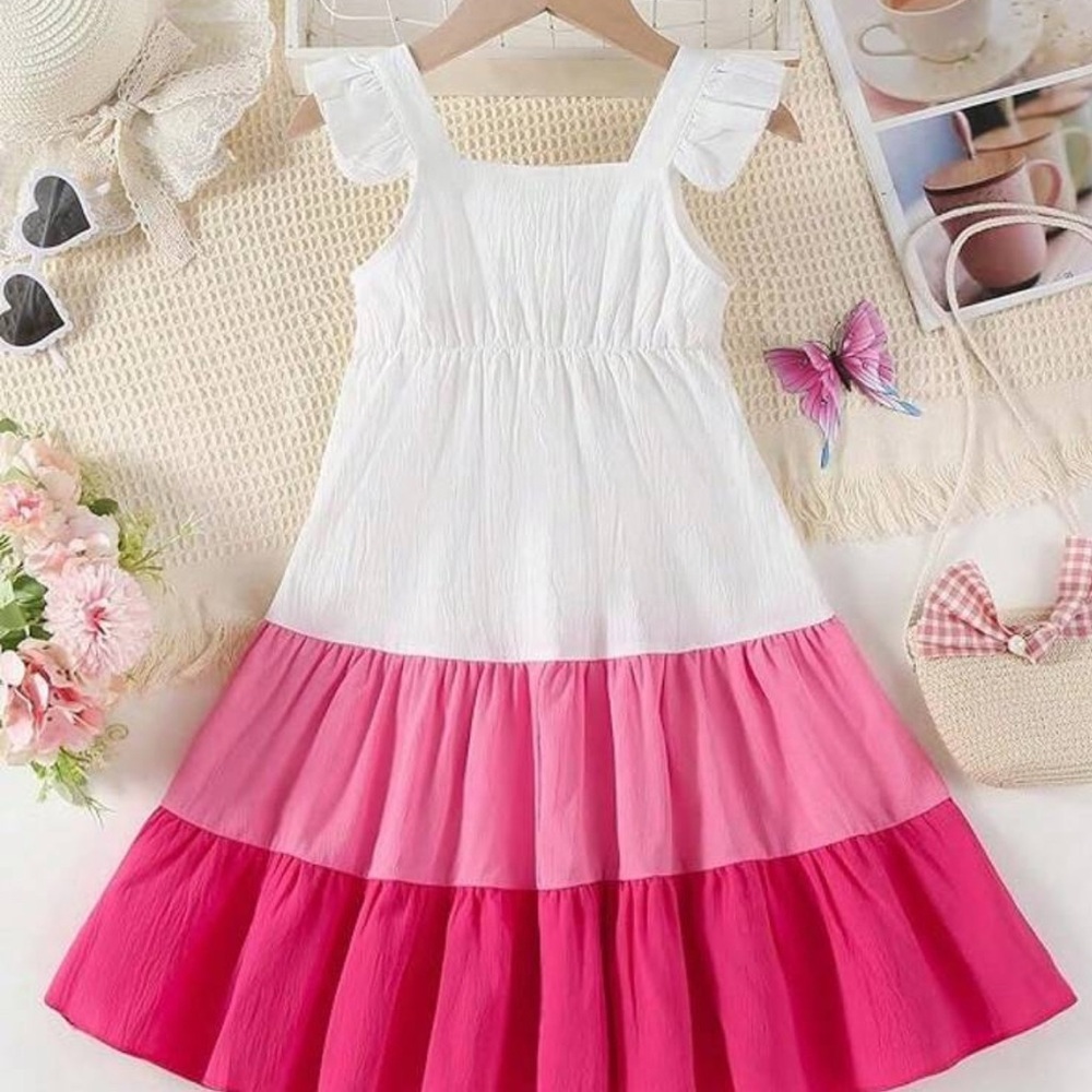 SHEIN Pink and White Tiered Kids Dress